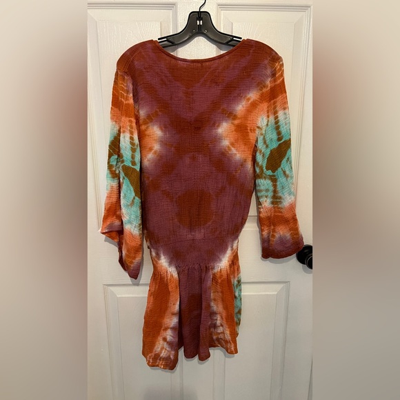 YOUNG FABULOUS & BROKE Women’s Multicolor Tie Dye Cotton Gauze Long Sleeve Dress - Picture 2 of 4